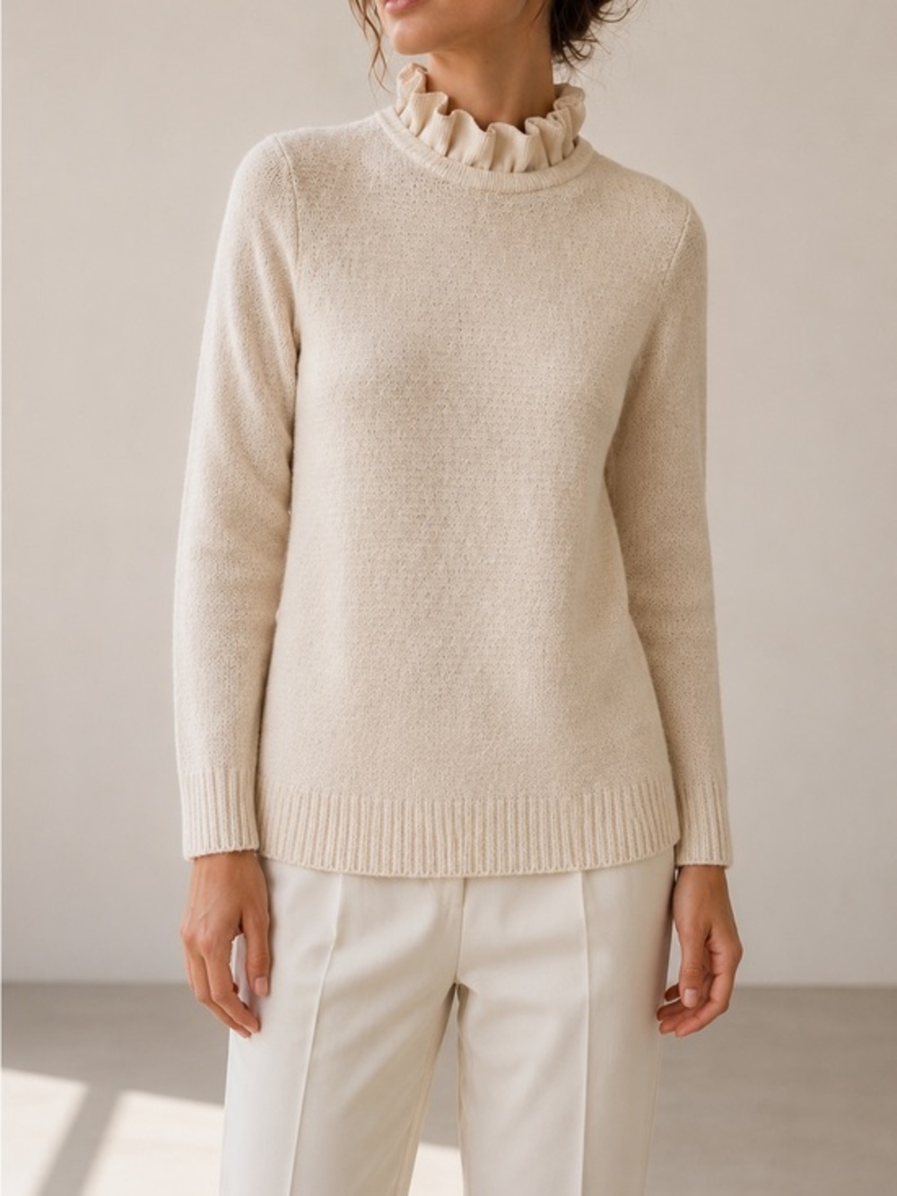 J.Crew Ivory Ruffle Neck Wool Blend Minimalist Preppy Sweater Alpaca Knit Top
